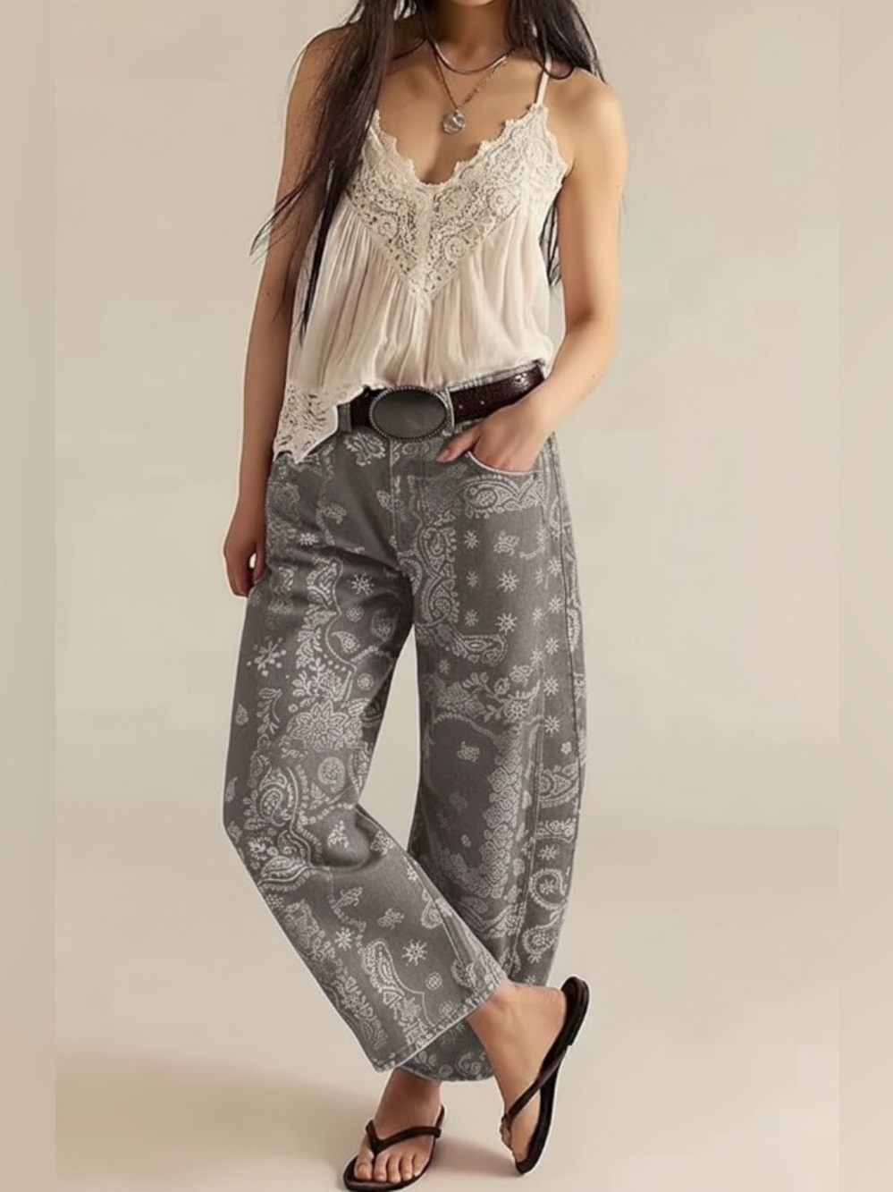 Boho Paisley Wide-Leg Barrel Jeans